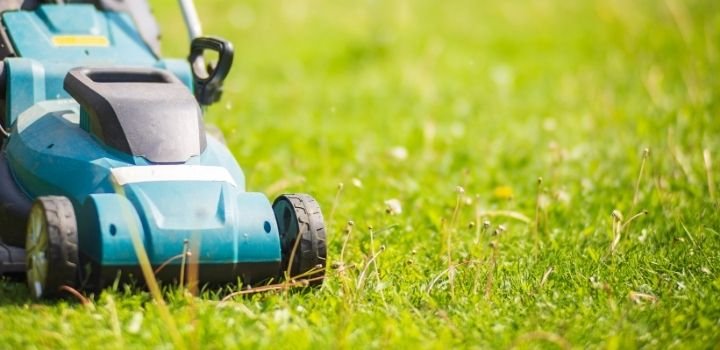 Lawn mover on green grass in modern garden or backyard. Machine for cutting lawns. Gardening care tools and equipment
