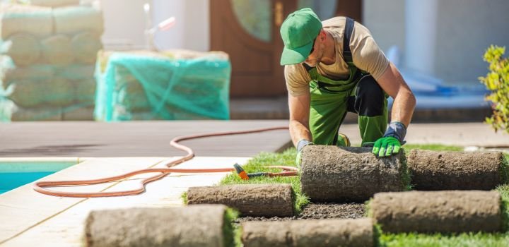 Gardener Installing Grass Turfs